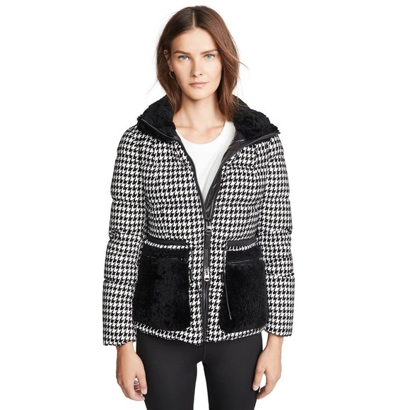 Mackage Elise Shearling Trim Houndstooth Down Black Coat Women's Size XS